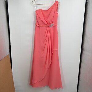 Sophia Tolli Coral One-Shoulder Evening Gown – Ruched Chiffon, Embellished Waist